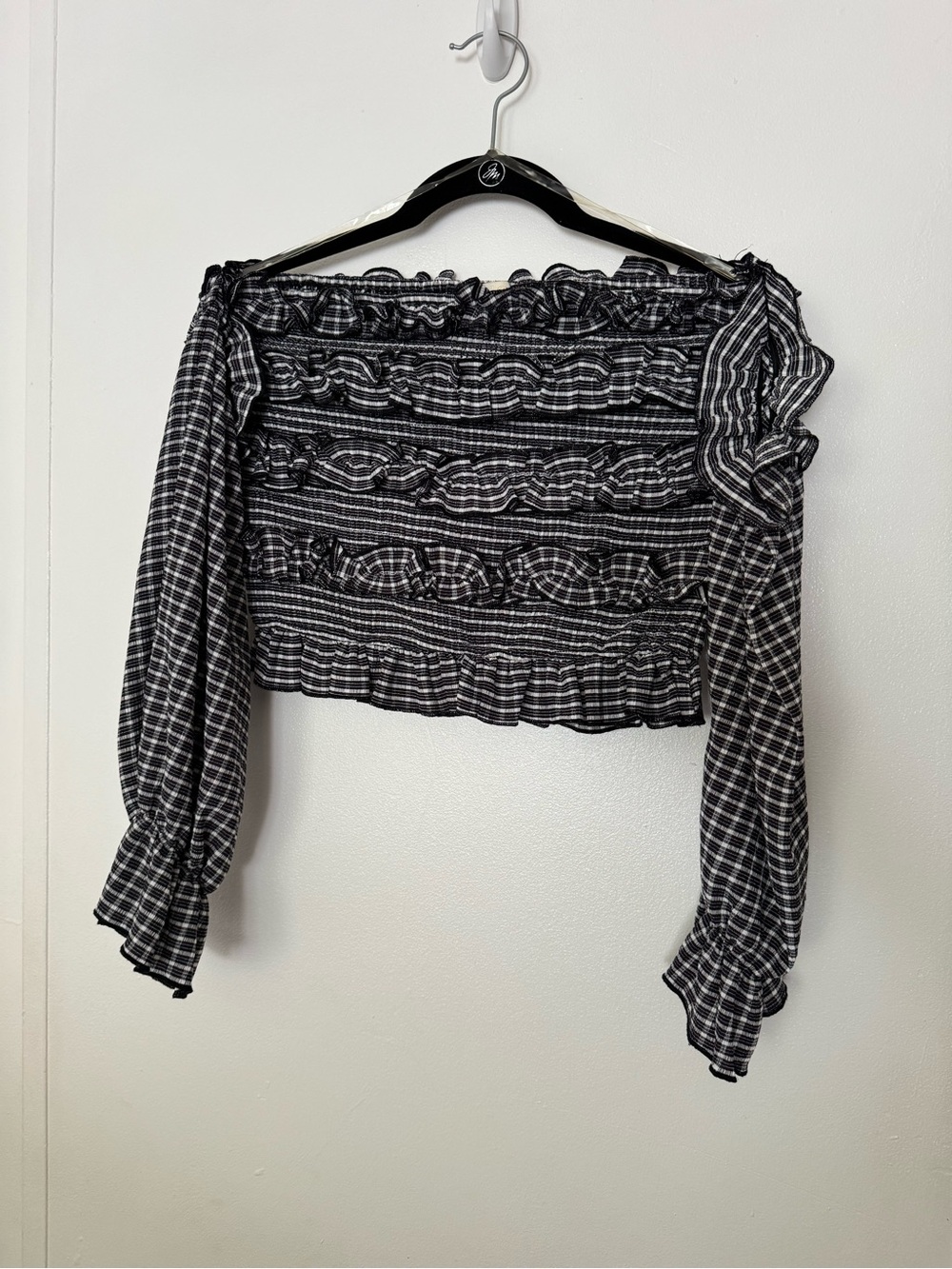 Smocked Off-Shoulder Plaid Long-Sleeve Blouse - Black/White